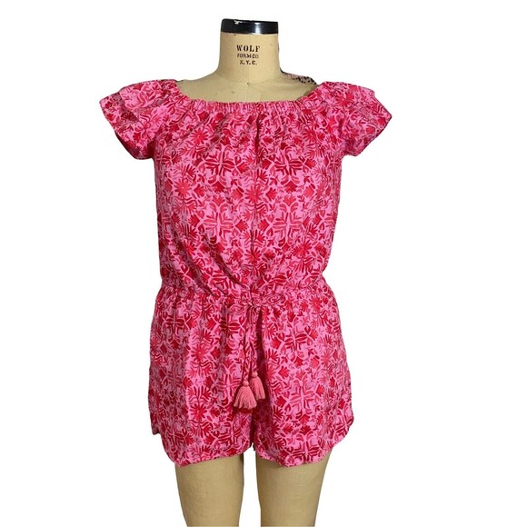 Vineyard Vines Pants - Vineyard Vines women's pink/red tile Otomi off the shoulder romper sz med